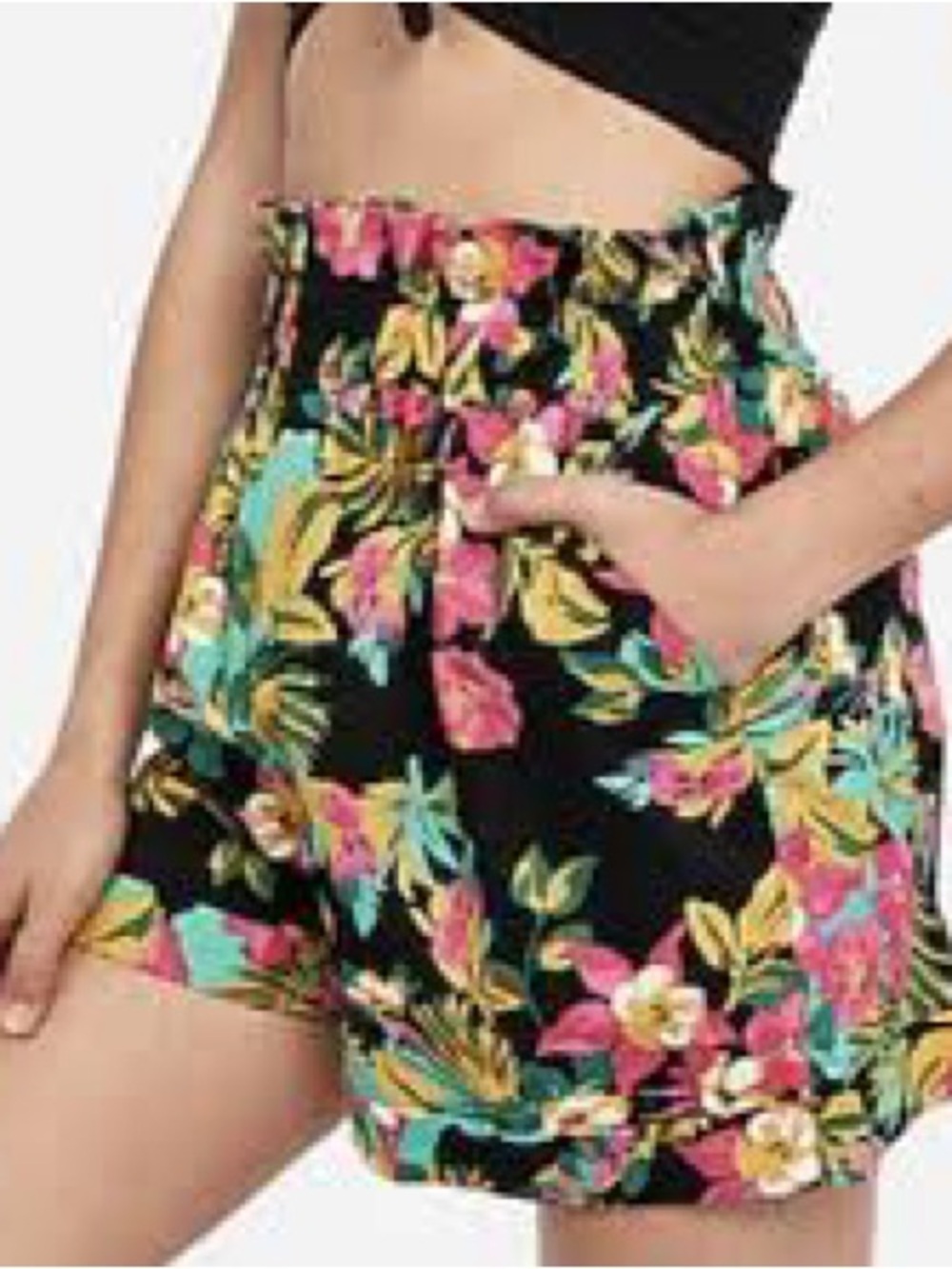 Express X Rocky Barnes Black Floral High-Waist Paperbag Shorts